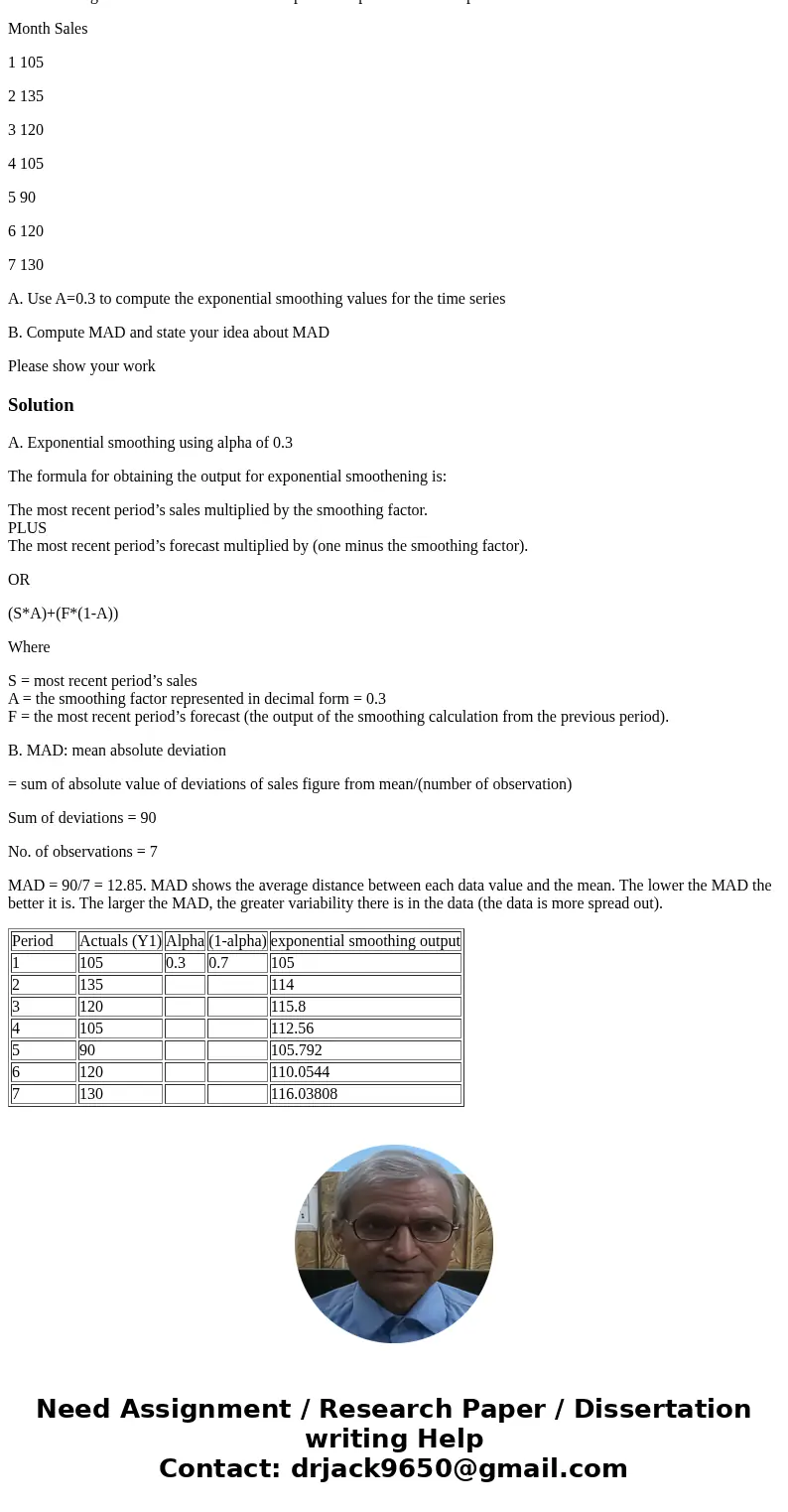 The following time series shows the sales of particular product over the past 7 months. Month Sales 1 105 2 135 3 120 4 105 5 90 6 120 7 130 A. Use A=0.3 to com The following time series shows the sales of particular product over the past 7 months. Month Sales 1 105 2 135 3 120 4 105 5 90 6 120 7 130 A. Use A=0.3 to com