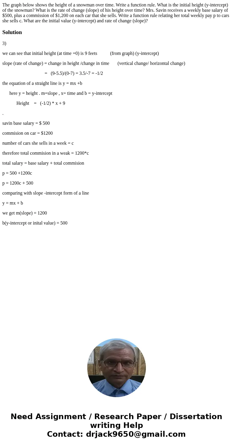 The graph below shows the height of a snowman over time. Write a function rule. What is the initial height (y-intercept) of the snowman? What is the rate of ch  The graph below shows the height of a snowman over time. Write a function rule. What is the initial height (y-intercept) of the snowman? What is the rate of ch
