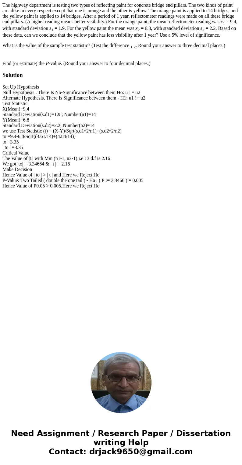 The highway department is testing two types of reflecting paint for concrete bridge end pillars. The two kinds of paint are alike in every respect except that o The highway department is testing two types of reflecting paint for concrete bridge end pillars. The two kinds of paint are alike in every respect except that o