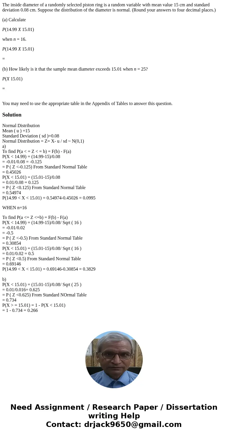 The inside diameter of a randomly selected piston ring is a random variable with mean value 15 cm and standard deviation 0.08 cm. Suppose the distribution of th The inside diameter of a randomly selected piston ring is a random variable with mean value 15 cm and standard deviation 0.08 cm. Suppose the distribution of th