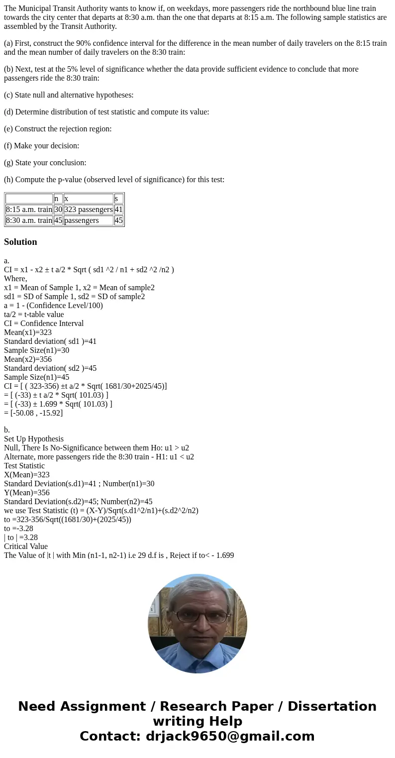 The Municipal Transit Authority wants to know if, on weekdays, more passengers ride the northbound blue line train towards the city center that departs at 8:30  The Municipal Transit Authority wants to know if, on weekdays, more passengers ride the northbound blue line train towards the city center that departs at 8:30