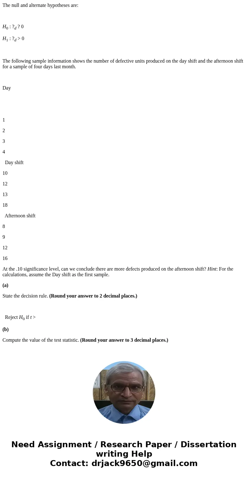 The null and alternate hypotheses are: H0 : ?d ? 0 H1 : ?d > 0 The following sample information shows the number of defective units produced on the day shift