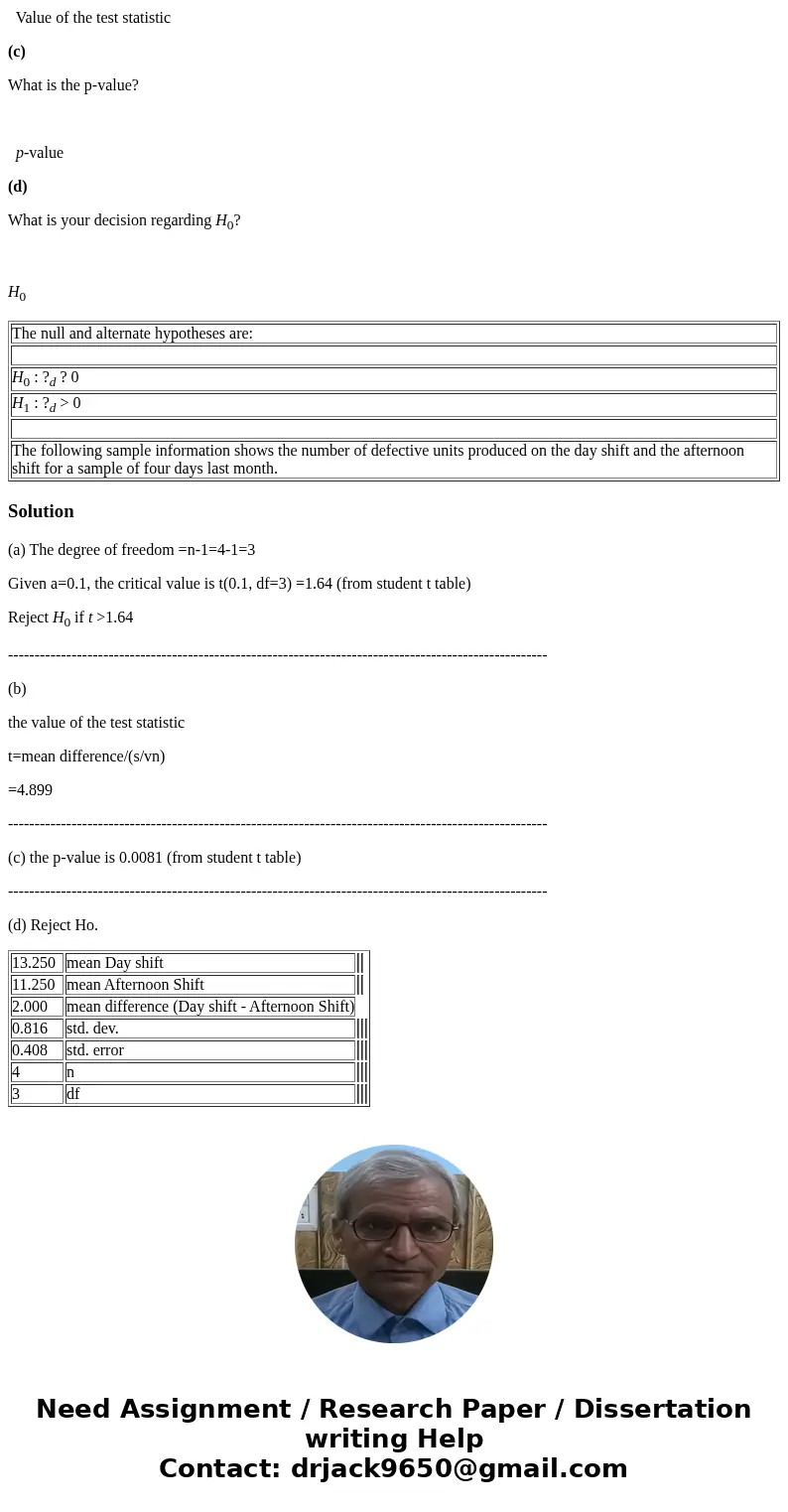 The null and alternate hypotheses are: H0 : ?d ? 0 H1 : ?d > 0 The following sample information shows the number of defective units produced on the day shift