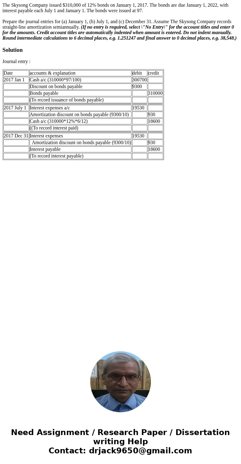 The Skysong Company issued $310,000 of 12% bonds on January 1, 2017. The bonds are due January 1, 2022, with interest payable each July 1 and January 1. The bon