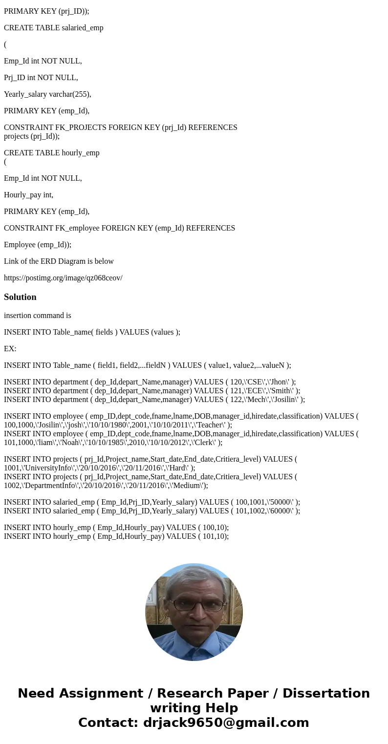 This assignment requires me to insert 2-3 records into each table command by using the INSERT command. Below is a copy of my database with its query and ERD Dia This assignment requires me to insert 2-3 records into each table command by using the INSERT command. Below is a copy of my database with its query and ERD Dia