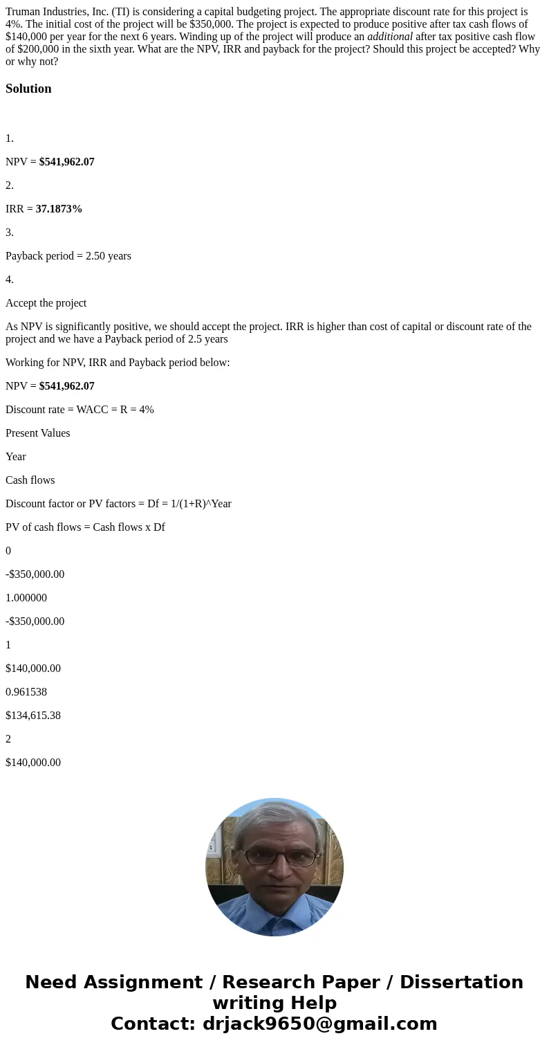 Truman Industries, Inc. (TI) is considering a capital budgeting project. The appropriate discount rate for this project is 4%. The initial cost of the project w Truman Industries, Inc. (TI) is considering a capital budgeting project. The appropriate discount rate for this project is 4%. The initial cost of the project w