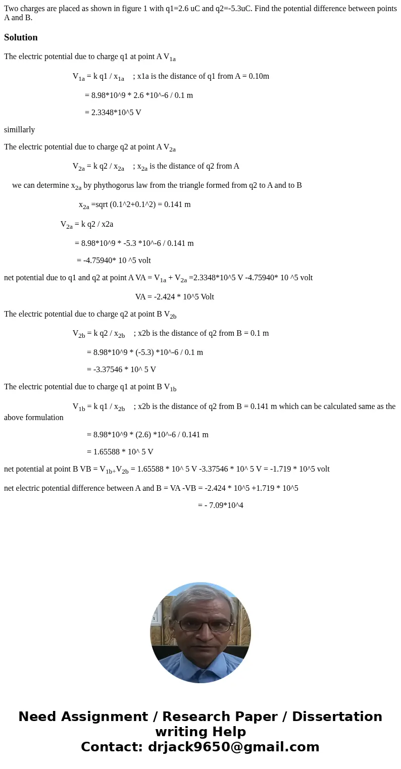 Two charges are placed as shown in figure 1 with q1=2.6 uC and q2=-5.3uC. Find the potential difference between points A and B. SolutionThe electric potential   Two charges are placed as shown in figure 1 with q1=2.6 uC and q2=-5.3uC. Find the potential difference between points A and B. SolutionThe electric potential