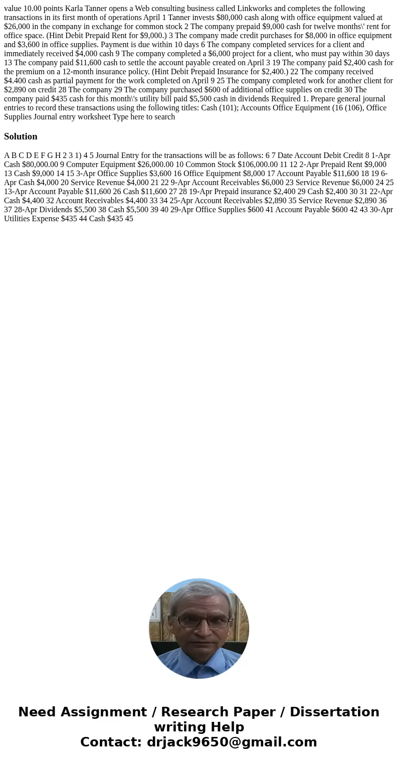value 10.00 points Karla Tanner opens a Web consulting business called Linkworks and completes the following transactions in its first month of operations Apri  value 10.00 points Karla Tanner opens a Web consulting business called Linkworks and completes the following transactions in its first month of operations Apri