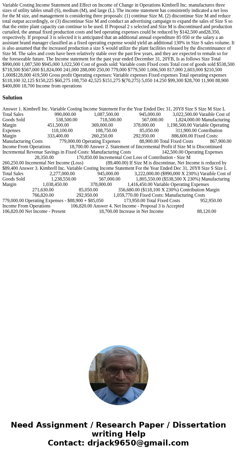 Variable Costing Income Statement and Effect on Income of Change in Operations Kimbrell Inc. manufactures three sizes of utility tables small (S), medium (M),   Variable Costing Income Statement and Effect on Income of Change in Operations Kimbrell Inc. manufactures three sizes of utility tables small (S), medium (M),