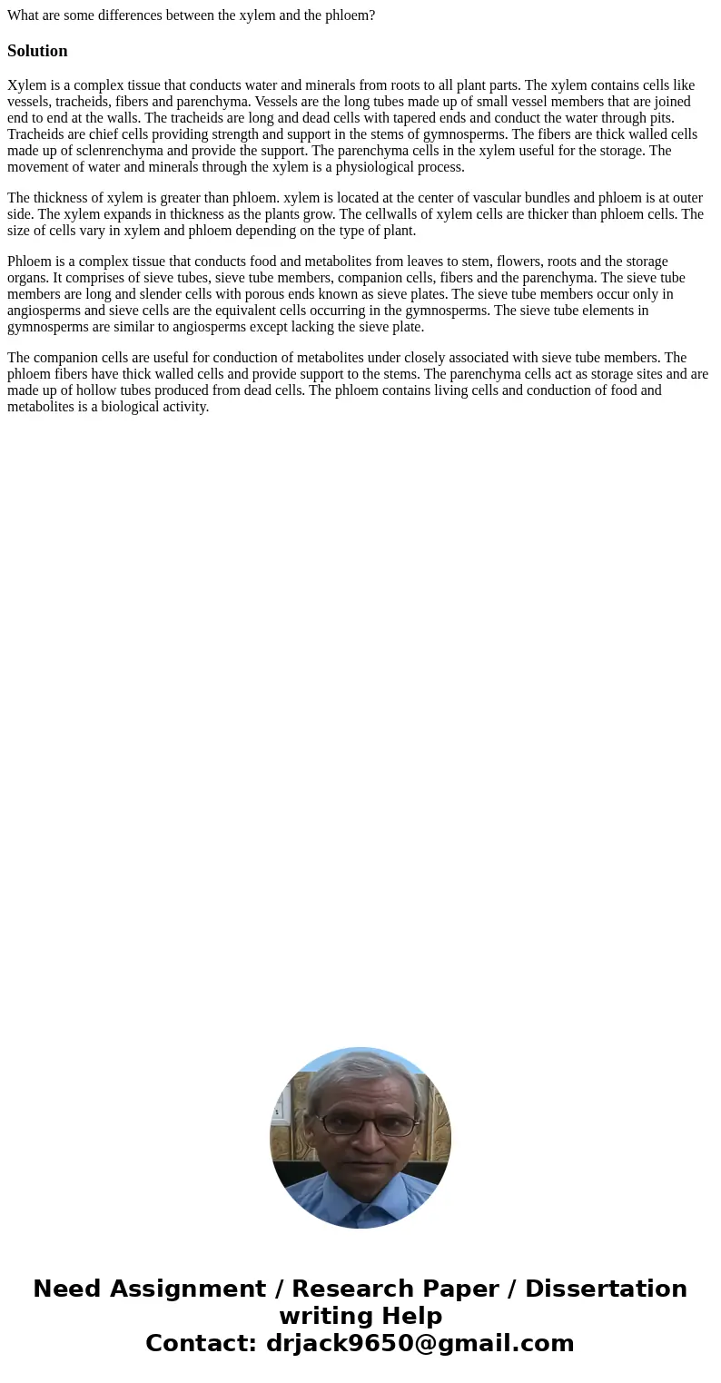 What are some differences between the xylem and the phloem? SolutionXylem is a complex tissue that conducts water and minerals from roots to all plant parts. T  What are some differences between the xylem and the phloem? SolutionXylem is a complex tissue that conducts water and minerals from roots to all plant parts. T