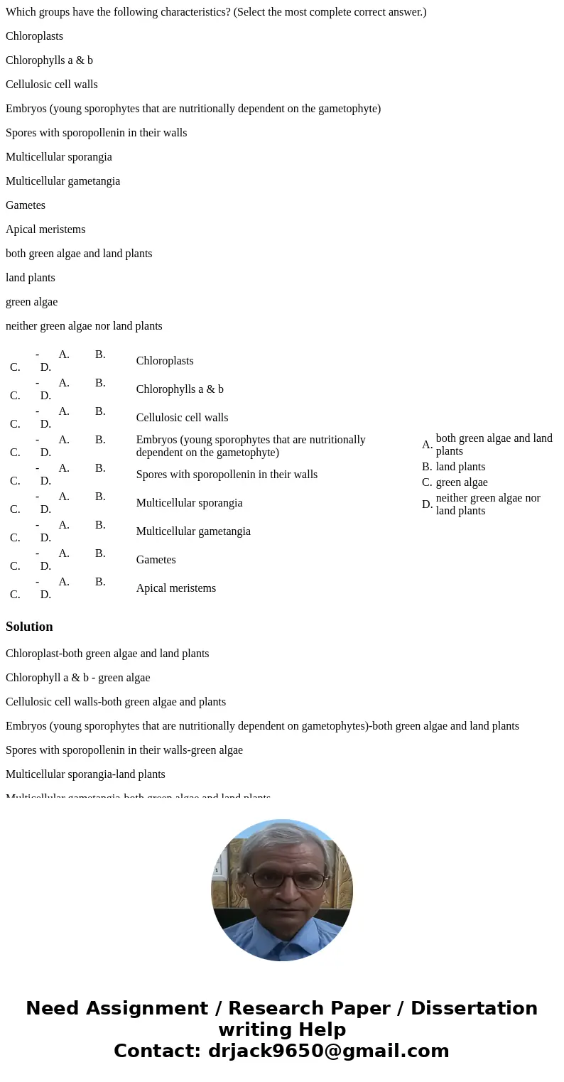 Which groups have the following characteristics? (Select the most complete correct answer.) Chloroplasts Chlorophylls a & b Cellulosic cell walls Embryos (y Which groups have the following characteristics? (Select the most complete correct answer.) Chloroplasts Chlorophylls a & b Cellulosic cell walls Embryos (y