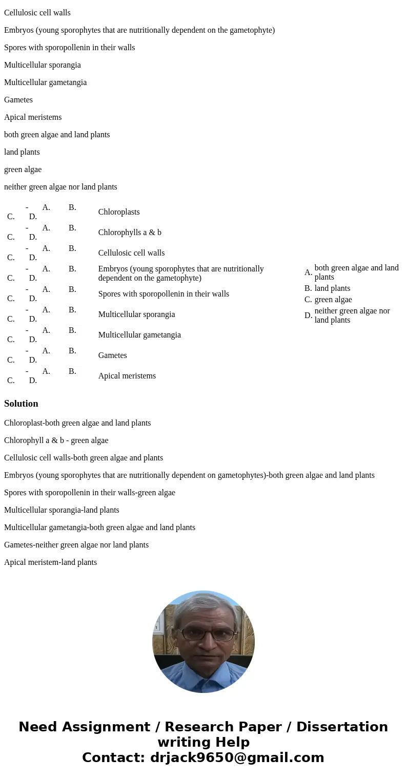 Which groups have the following characteristics? (Select the most complete correct answer.) Chloroplasts Chlorophylls a & b Cellulosic cell walls Embryos (y Which groups have the following characteristics? (Select the most complete correct answer.) Chloroplasts Chlorophylls a & b Cellulosic cell walls Embryos (y