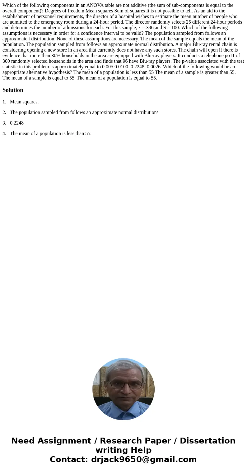 Which of the following components in an ANOVA table are not additive (the sum of sub-components is equal to the overall component)? Degrees of freedom Mean squ  Which of the following components in an ANOVA table are not additive (the sum of sub-components is equal to the overall component)? Degrees of freedom Mean squ