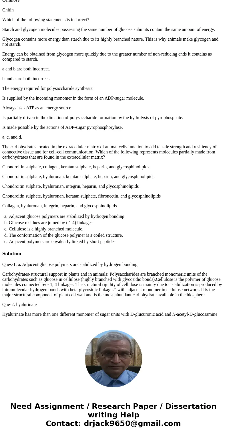 Which of the following contributes to the structural rigidity of cellulose? Adjacent glucose polymers are stabilized by hydrogen bonding. Glucose residues are j