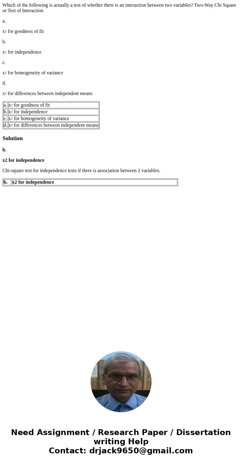 Which of the following is actually a test of whether there is an interaction between two variables? Two-Way Chi Square or Test of Interaction a. x2 for goodness Which of the following is actually a test of whether there is an interaction between two variables? Two-Way Chi Square or Test of Interaction a. x2 for goodness