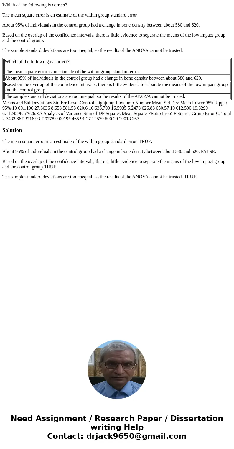 Which of the following is correct? The mean square error is an estimate of the within group standard error. About 95% of individuals in the control group had a  Which of the following is correct? The mean square error is an estimate of the within group standard error. About 95% of individuals in the control group had a