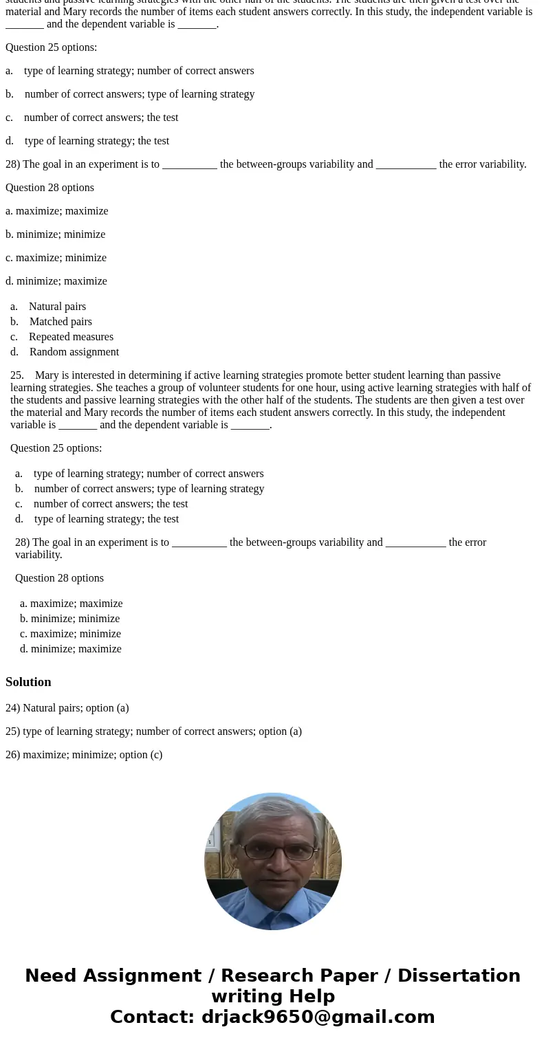 Which of the following is NOT associated with a within-subjects comparison? Question 17 options: a. Natural pairs b. Matched pairs c. Repeated measures d. Rando Which of the following is NOT associated with a within-subjects comparison? Question 17 options: a. Natural pairs b. Matched pairs c. Repeated measures d. Rando