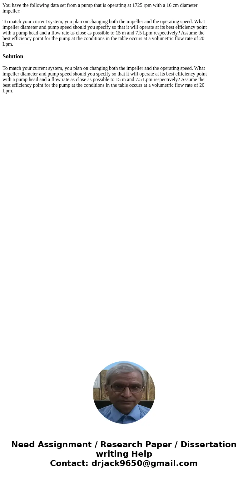 You have the following data set from a pump that is operating at 1725 rpm with a 16 cm diameter impeller: To match your current system, you plan on changing bot You have the following data set from a pump that is operating at 1725 rpm with a 16 cm diameter impeller: To match your current system, you plan on changing bot