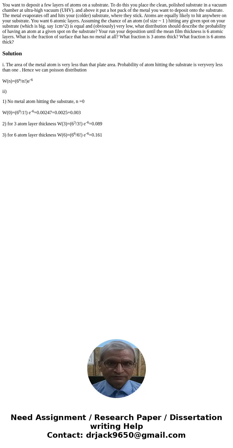 You want to deposit a few layers of atoms on a substrate. To do this you place the clean, polished substrate in a vacuum chamber at ultra-high vacuum (UHV). an  You want to deposit a few layers of atoms on a substrate. To do this you place the clean, polished substrate in a vacuum chamber at ultra-high vacuum (UHV). an