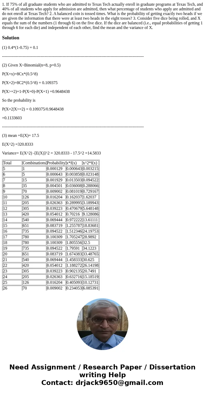 1. If 75% of all graduate students who are admitted to Texas Tech actually enroll in graduate programs at Texas Tech, and 40% of all students who apply for adm  1. If 75% of all graduate students who are admitted to Texas Tech actually enroll in graduate programs at Texas Tech, and 40% of all students who apply for adm