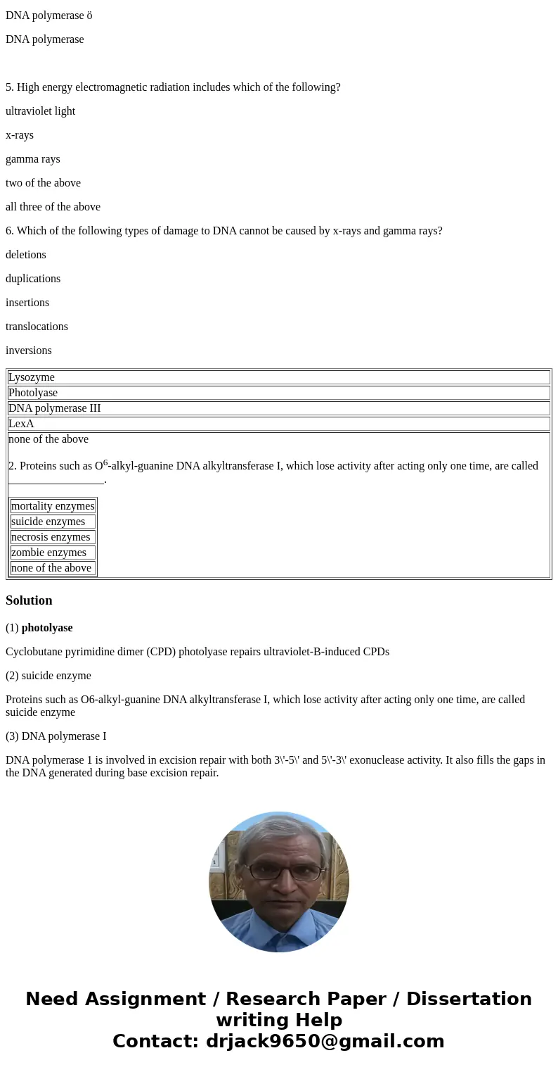 1. ___________ reverses damage to DNA caused by cyclobutane pyrimidine dimer formation. Lysozyme Photolyase DNA polymerase III LexA none of the above 2. Protein 1. ___________ reverses damage to DNA caused by cyclobutane pyrimidine dimer formation. Lysozyme Photolyase DNA polymerase III LexA none of the above 2. Protein