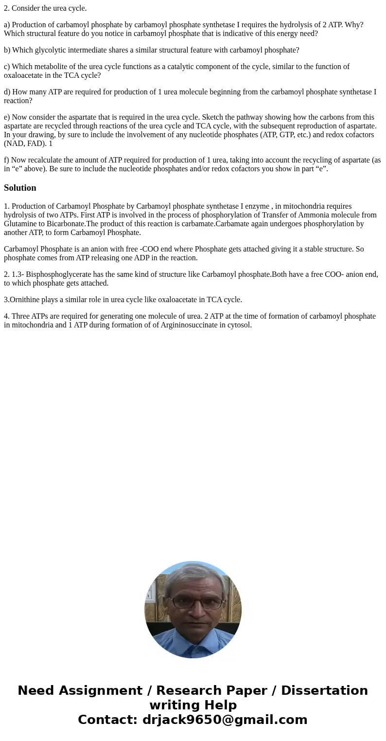 2. Consider the urea cycle. a) Production of carbamoyl phosphate by carbamoyl phosphate synthetase I requires the hydrolysis of 2 ATP. Why? Which structural fea 2. Consider the urea cycle. a) Production of carbamoyl phosphate by carbamoyl phosphate synthetase I requires the hydrolysis of 2 ATP. Why? Which structural fea