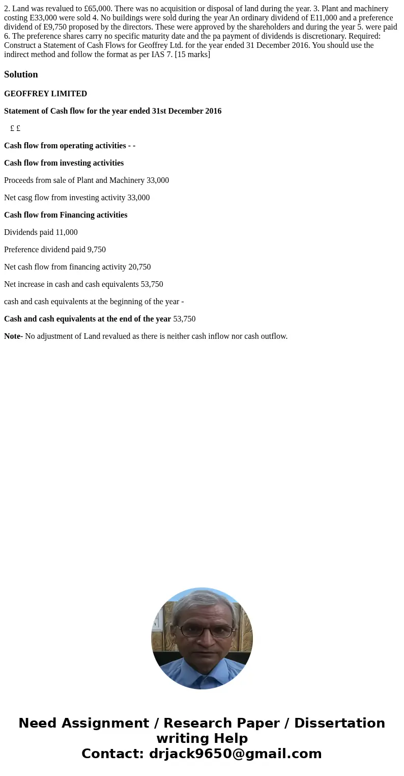 2. Land was revalued to £65,000. There was no acquisition or disposal of land during the year. 3. Plant and machinery costing E33,000 were sold 4. No buildings  2. Land was revalued to £65,000. There was no acquisition or disposal of land during the year. 3. Plant and machinery costing E33,000 were sold 4. No buildings