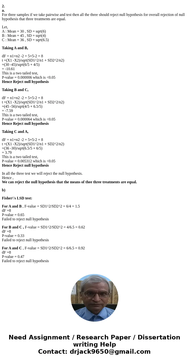 2. The analysis of data involving three treatments with 5 observations for each treatment resulted in: Treatment A B C Sample Mean 30 45 36 Sample Variance 6 4  2. The analysis of data involving three treatments with 5 observations for each treatment resulted in: Treatment A B C Sample Mean 30 45 36 Sample Variance 6 4