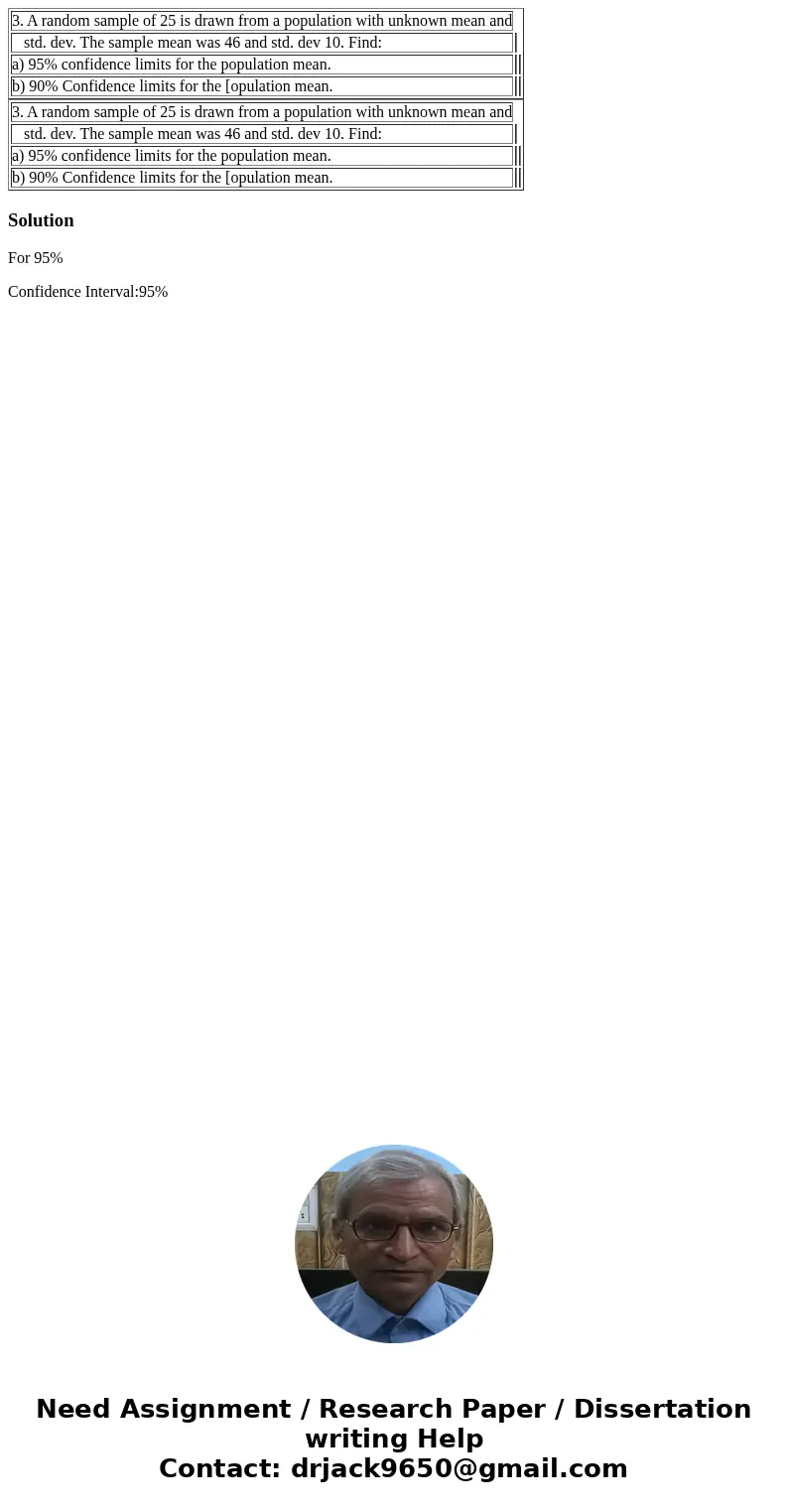  3. A random sample of 25 is drawn from a population with unknown mean and std. dev. The sample mean was 46 and std. dev 10. Find: a) 95% confidence limits for 