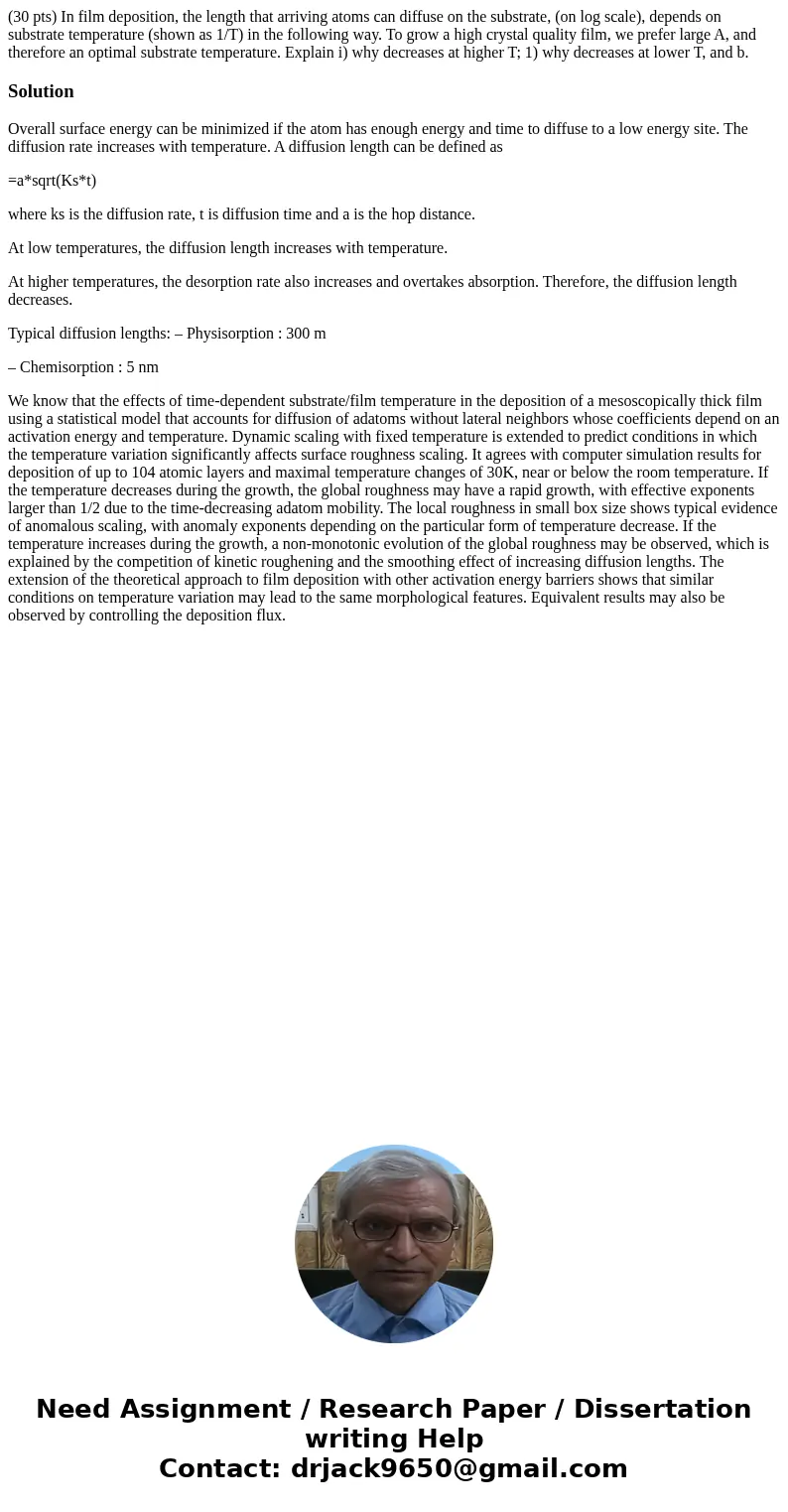 (30 pts) In film deposition, the length that arriving atoms can diffuse on the substrate, (on log scale), depends on substrate temperature (shown as 1/T) in th  (30 pts) In film deposition, the length that arriving atoms can diffuse on the substrate, (on log scale), depends on substrate temperature (shown as 1/T) in th