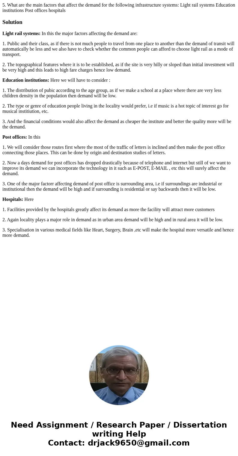  5. What are the main factors that affect the demand for the following infrastructure systems: Light rail systems Education institutions Post offices hospitals 