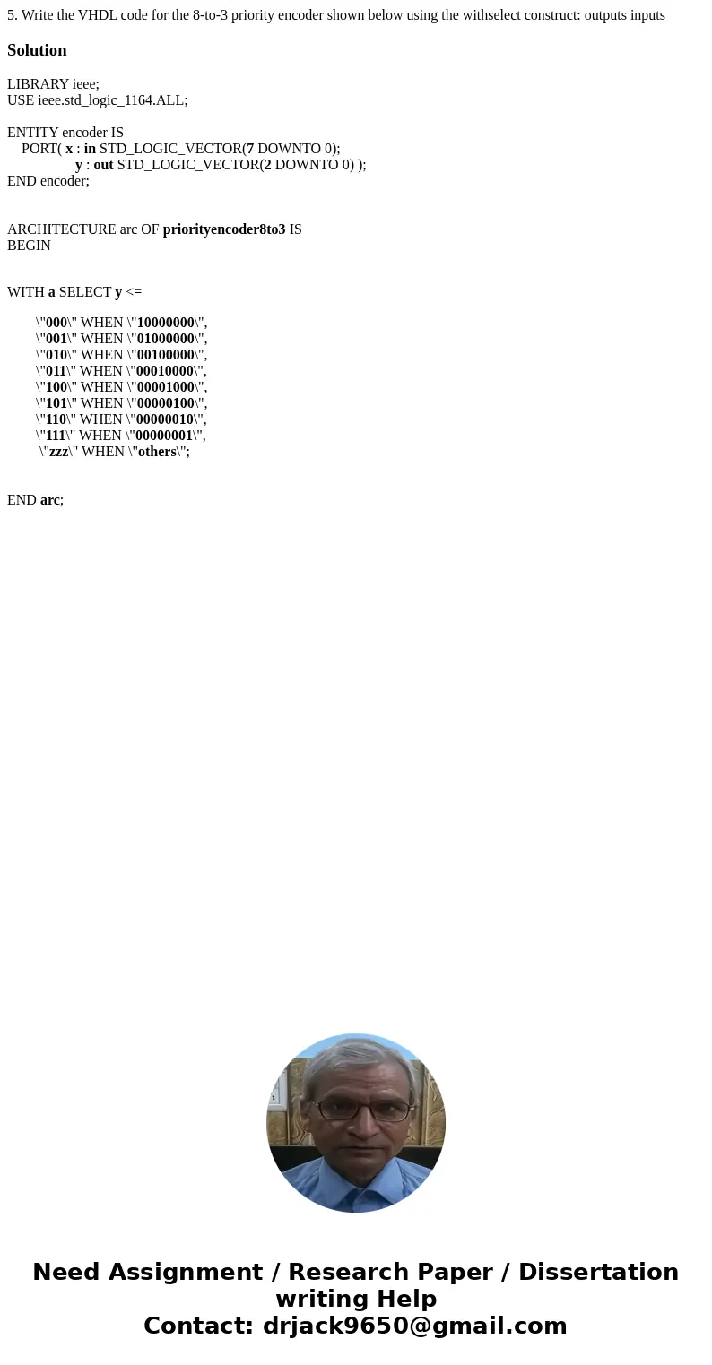 5. Write the VHDL code for the 8-to-3 priority encoder shown below using the withselect construct: outputs inputs SolutionLIBRARY ieee; USE ieee.std_logic_1164  5. Write the VHDL code for the 8-to-3 priority encoder shown below using the withselect construct: outputs inputs SolutionLIBRARY ieee; USE ieee.std_logic_1164