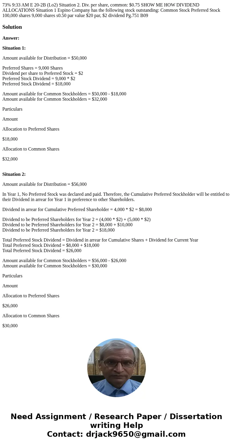 73% 9:33 AM E 20-2B (Lo2) Situation 2. Div. per share, common: $0.75 SHOW ME HOW DIVIDEND ALLOCATIONS Situation 1 Espino Company has the following stock outsta