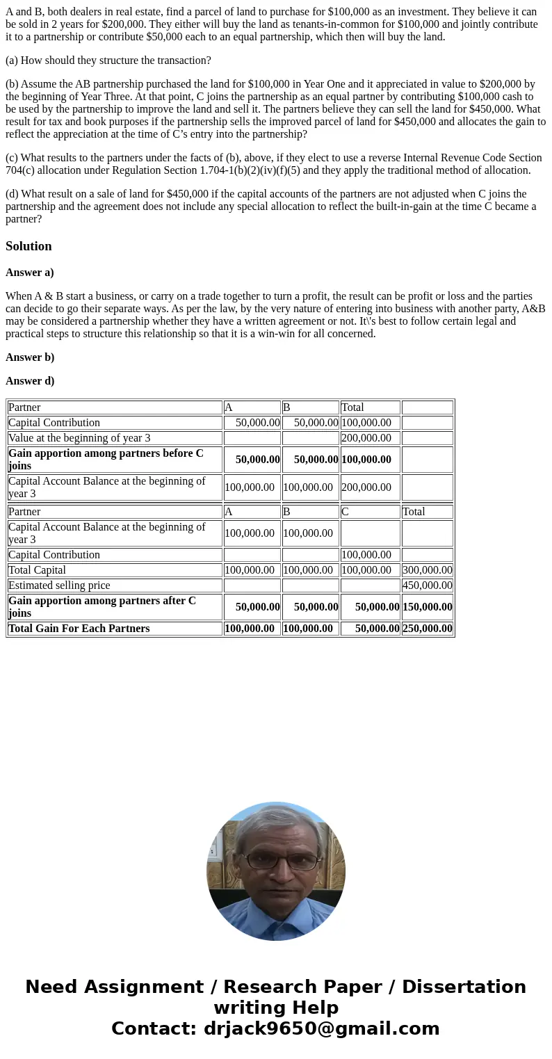 A and B, both dealers in real estate, find a parcel of land to purchase for $100,000 as an investment. They believe it can be sold in 2 years for $200,000. They A and B, both dealers in real estate, find a parcel of land to purchase for $100,000 as an investment. They believe it can be sold in 2 years for $200,000. They
