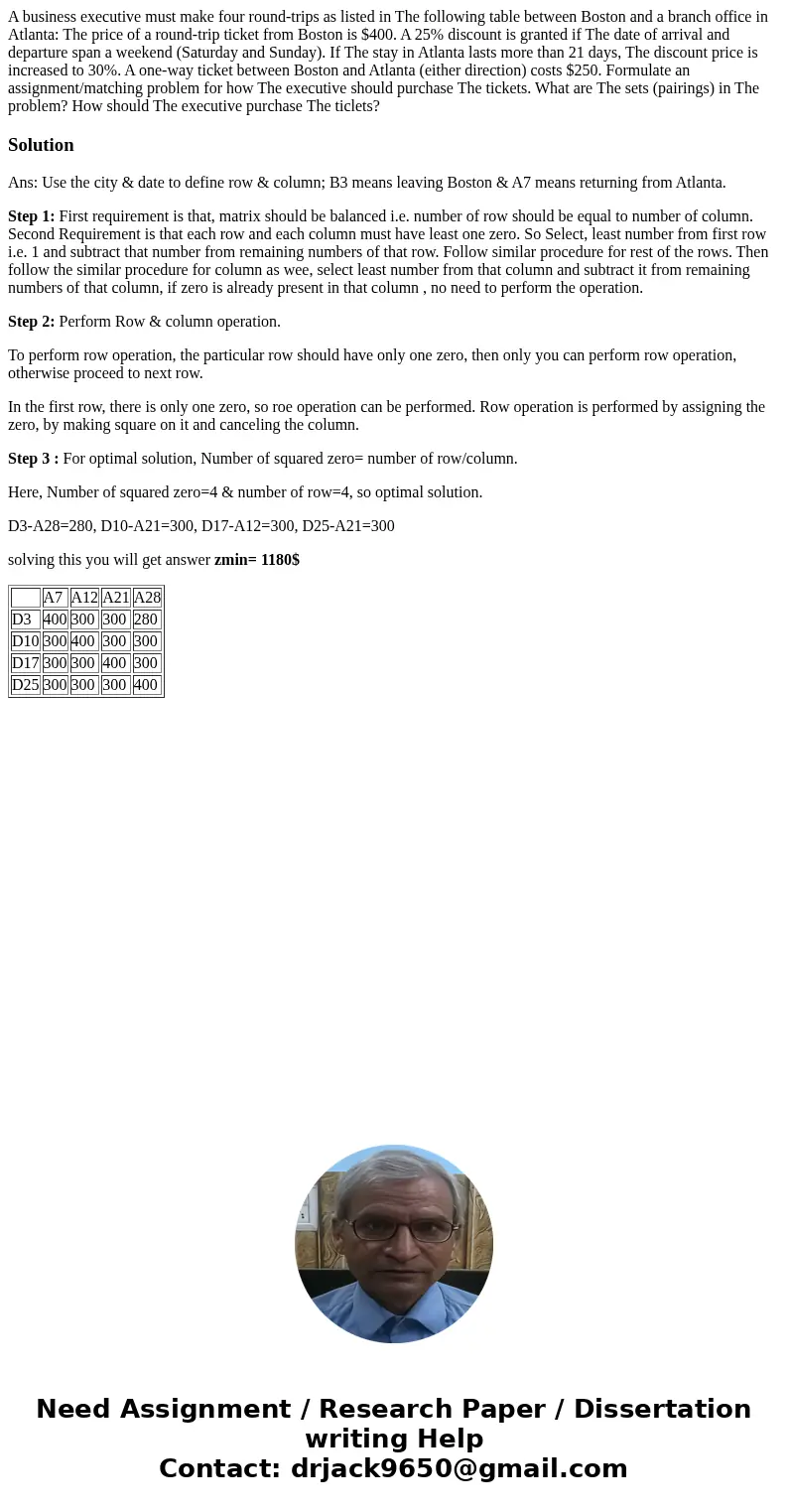 A business executive must make four round-trips as listed in The following table between Boston and a branch office in Atlanta: The price of a round-trip ticke  A business executive must make four round-trips as listed in The following table between Boston and a branch office in Atlanta: The price of a round-trip ticke