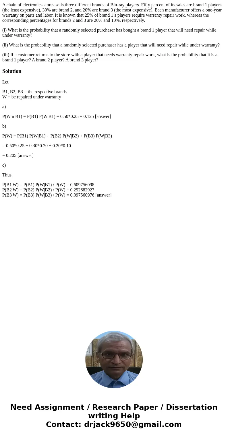 A chain of electronics stores sells three different brands of Blu-ray players. Fifty percent of its sales are brand 1 players (the least expensive), 30% are bra