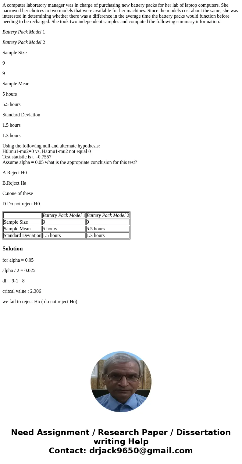 A computer laboratory manager was in charge of purchasing new battery packs for her lab of laptop computers. She narrowed her choices to two models that were av