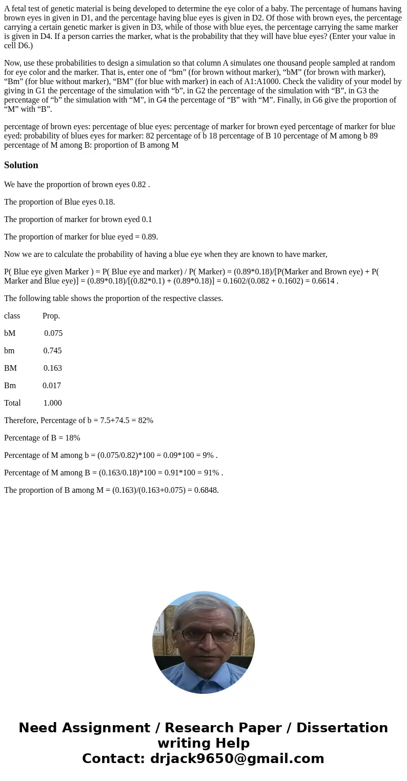 A fetal test of genetic material is being developed to determine the eye color of a baby. The percentage of humans having brown eyes in given in D1, and the per A fetal test of genetic material is being developed to determine the eye color of a baby. The percentage of humans having brown eyes in given in D1, and the per