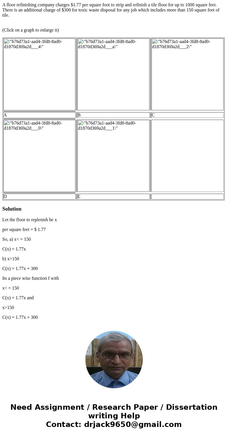 A floor refinishing company charges $1.77 per square foot to strip and refinish a tile floor for up to 1000 square feet. There is an additional charge of $300 f