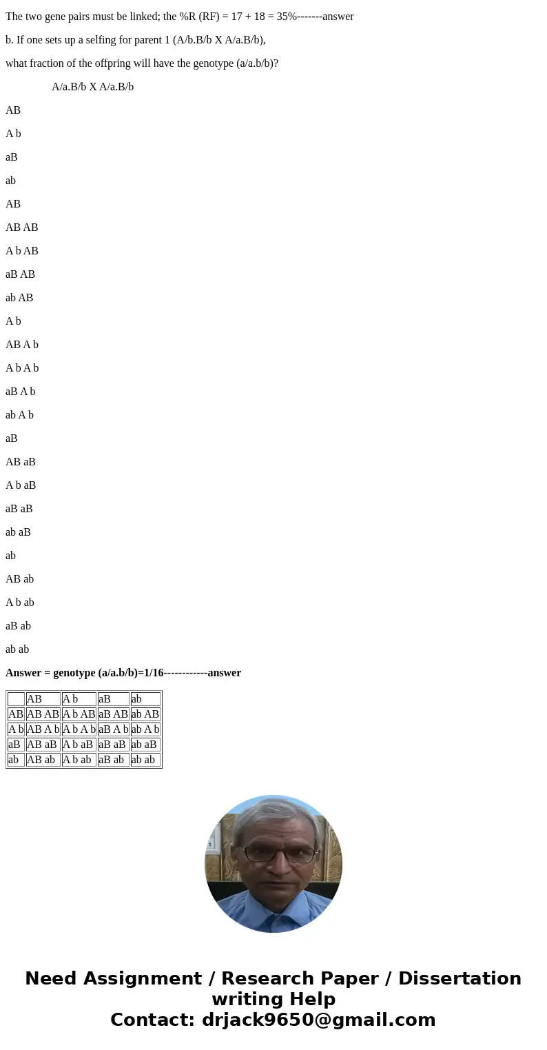A fruit fly of genotype A/a.B/b (parent 1) is crossed to another fruit fly of genotype a/a.b/b (parent 2). The progeny of this cross were: Genotype Number of in A fruit fly of genotype A/a.B/b (parent 1) is crossed to another fruit fly of genotype a/a.b/b (parent 2). The progeny of this cross were: Genotype Number of in