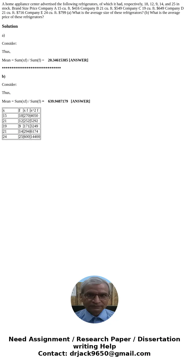 A home appliance center advertised the following refrigerators, of which it had, respectively, 18, 12, 9, 14, and 25 in stock. Brand Size Price Company A 15 cu.