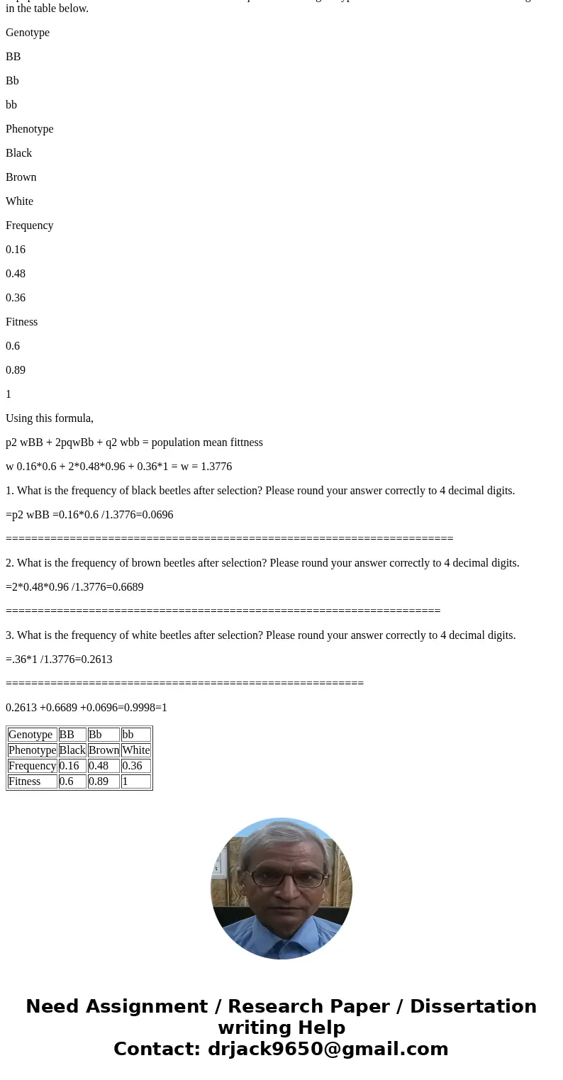 A population of beetles was scored for color. The frequencies of the genotypes and their relative fitness values are given in the table below. 1. What is the fr A population of beetles was scored for color. The frequencies of the genotypes and their relative fitness values are given in the table below. 1. What is the fr