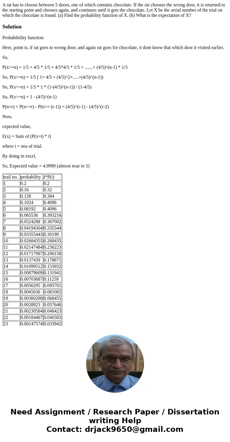 A rat has to choose between 5 doors, one of which contains chocolate. If the rat chooses the wrong door, it is returned to the starting point and chooses again  A rat has to choose between 5 doors, one of which contains chocolate. If the rat chooses the wrong door, it is returned to the starting point and chooses again