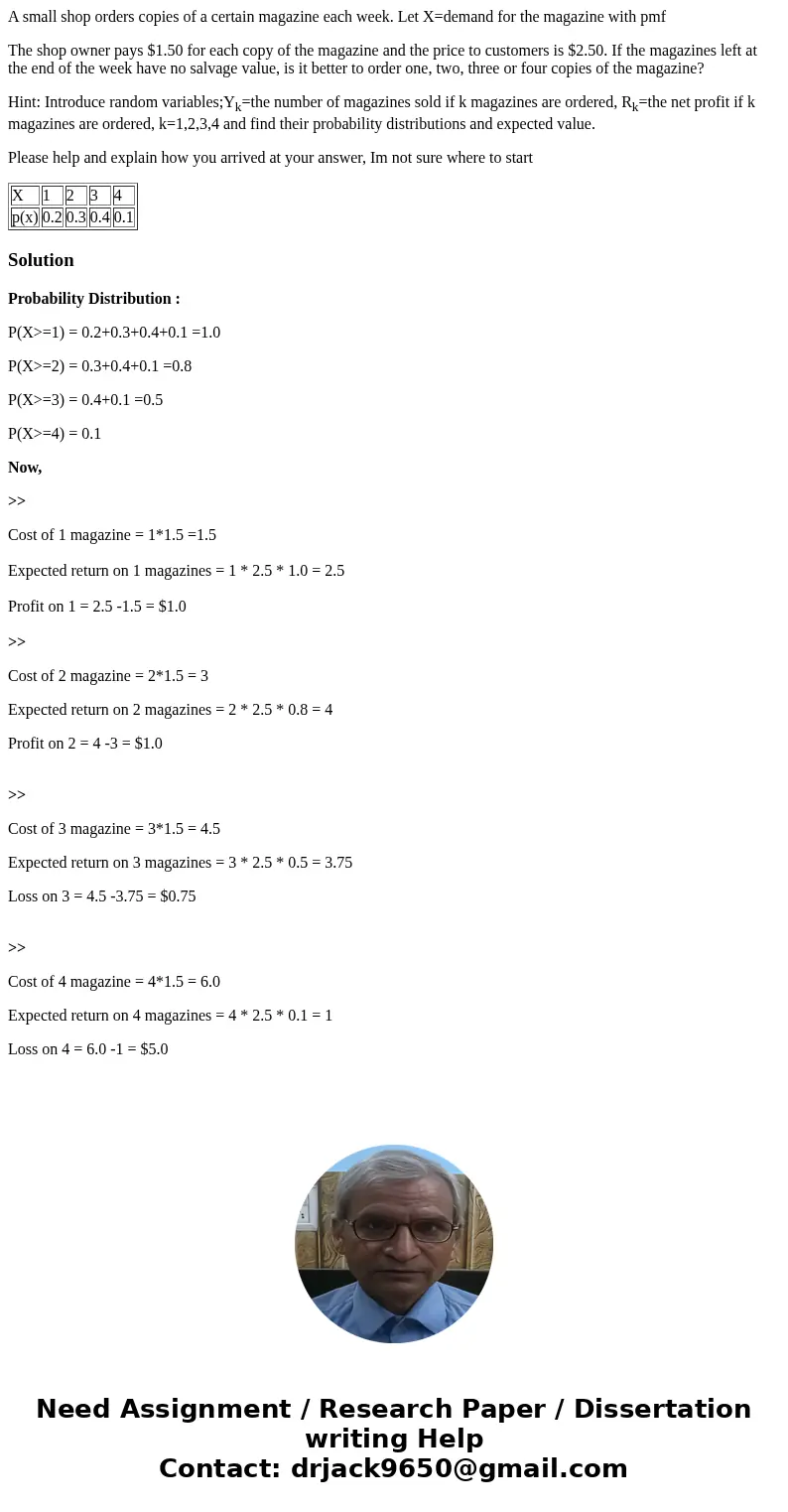 A small shop orders copies of a certain magazine each week. Let X=demand for the magazine with pmf The shop owner pays $1.50 for each copy of the magazine and t