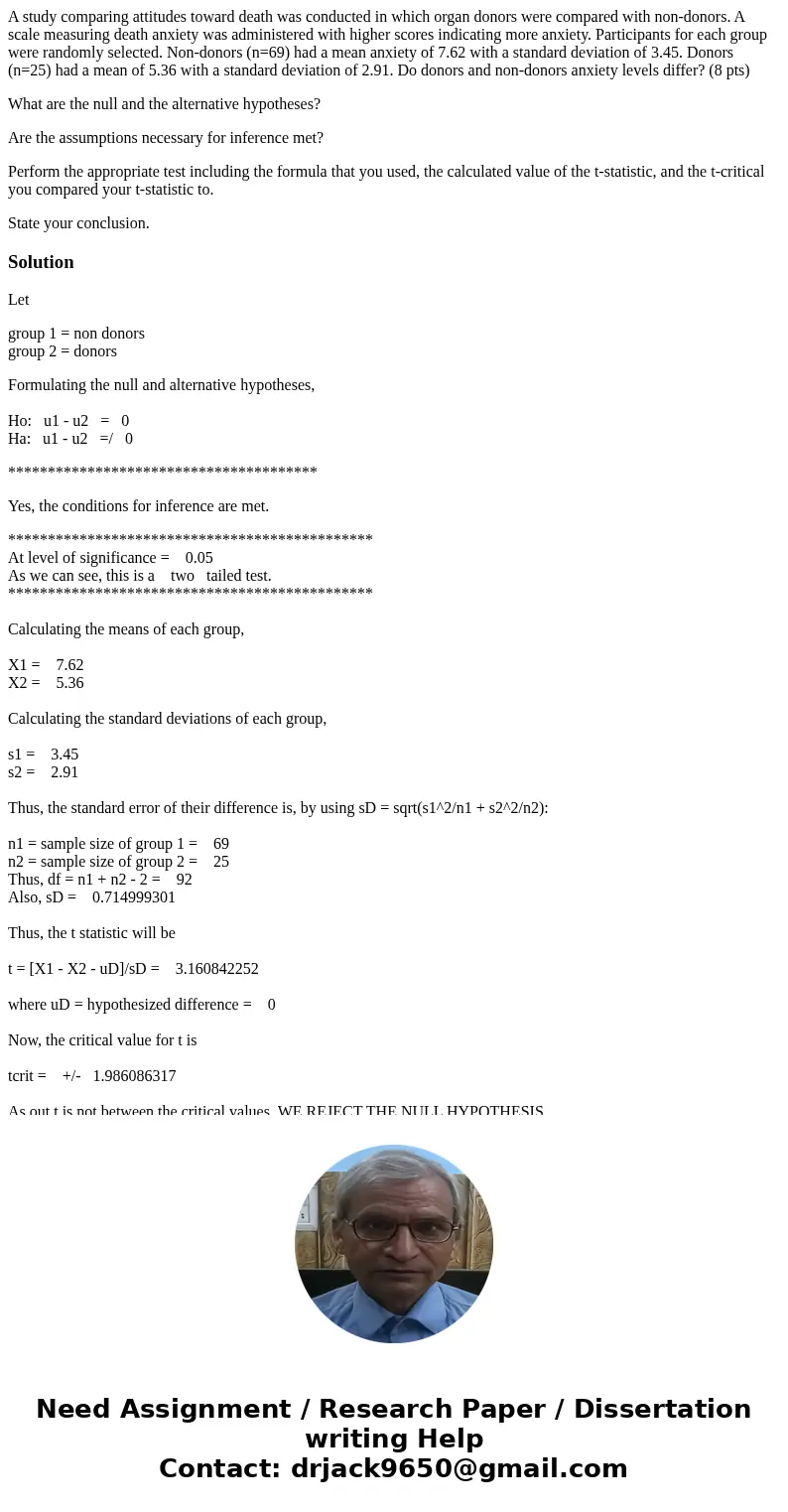 A study comparing attitudes toward death was conducted in which organ donors were compared with non-donors. A scale measuring death anxiety was administered wit A study comparing attitudes toward death was conducted in which organ donors were compared with non-donors. A scale measuring death anxiety was administered wit