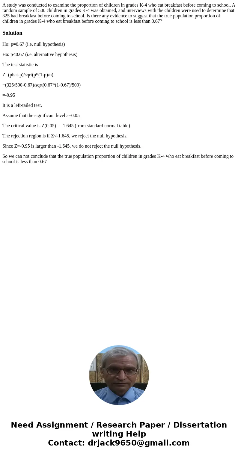 A study was conducted to examine the proportion of children in grades K-4 who eat breakfast before coming to school. A random sample of 500 children in grades K
