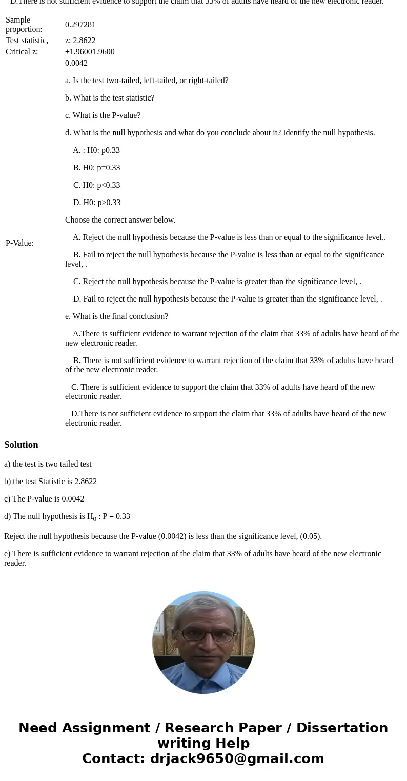 A survey of 1,692 randomly selected adults showed that 503 of them have heard of a new electronic reader. The accompanying technology display results from a tes A survey of 1,692 randomly selected adults showed that 503 of them have heard of a new electronic reader. The accompanying technology display results from a tes