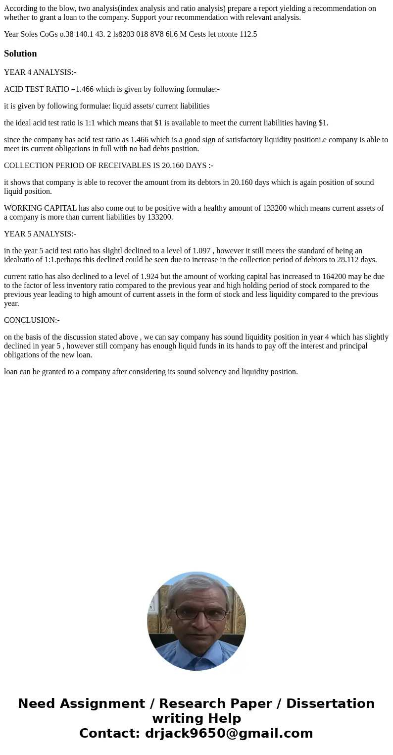 According to the blow, two analysis(index analysis and ratio analysis) prepare a report yielding a recommendation on whether to grant a loan to the company. Sup According to the blow, two analysis(index analysis and ratio analysis) prepare a report yielding a recommendation on whether to grant a loan to the company. Sup