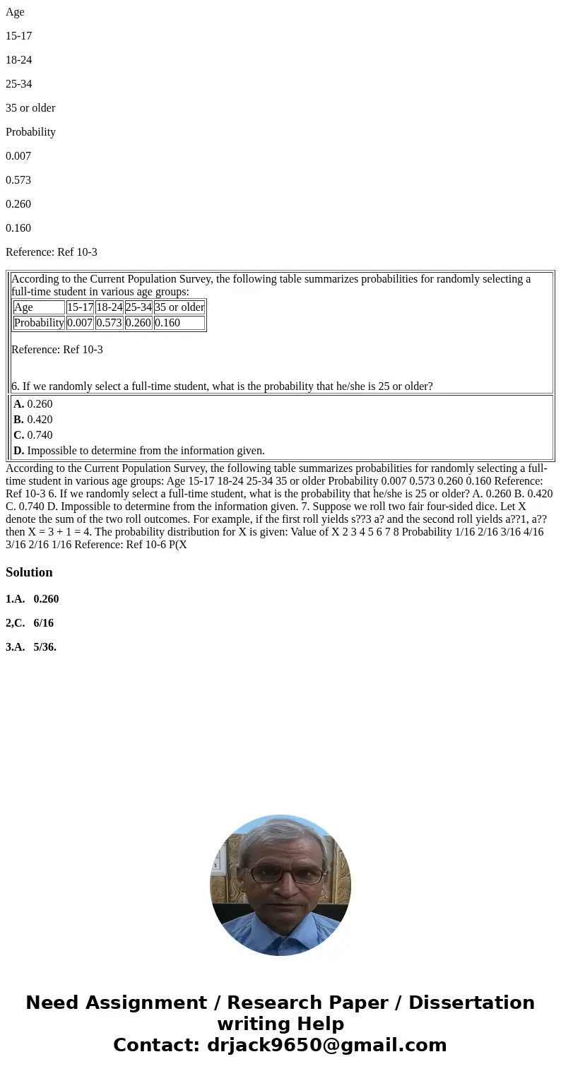 Age 15-17 18-24 25-34 35 or older Probability 0.007 0.573 0.260 0.160 Reference: Ref 10-3 According to the Current Population Survey, the following table summar