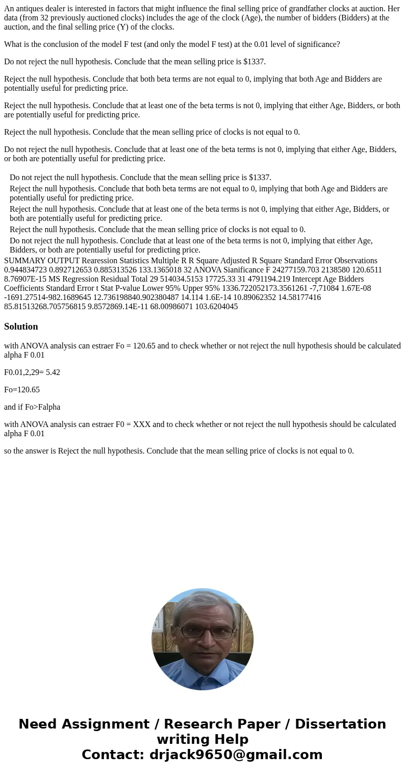 An antiques dealer is interested in factors that might influence the final selling price of grandfather clocks at auction. Her data (from 32 previously auctione An antiques dealer is interested in factors that might influence the final selling price of grandfather clocks at auction. Her data (from 32 previously auctione